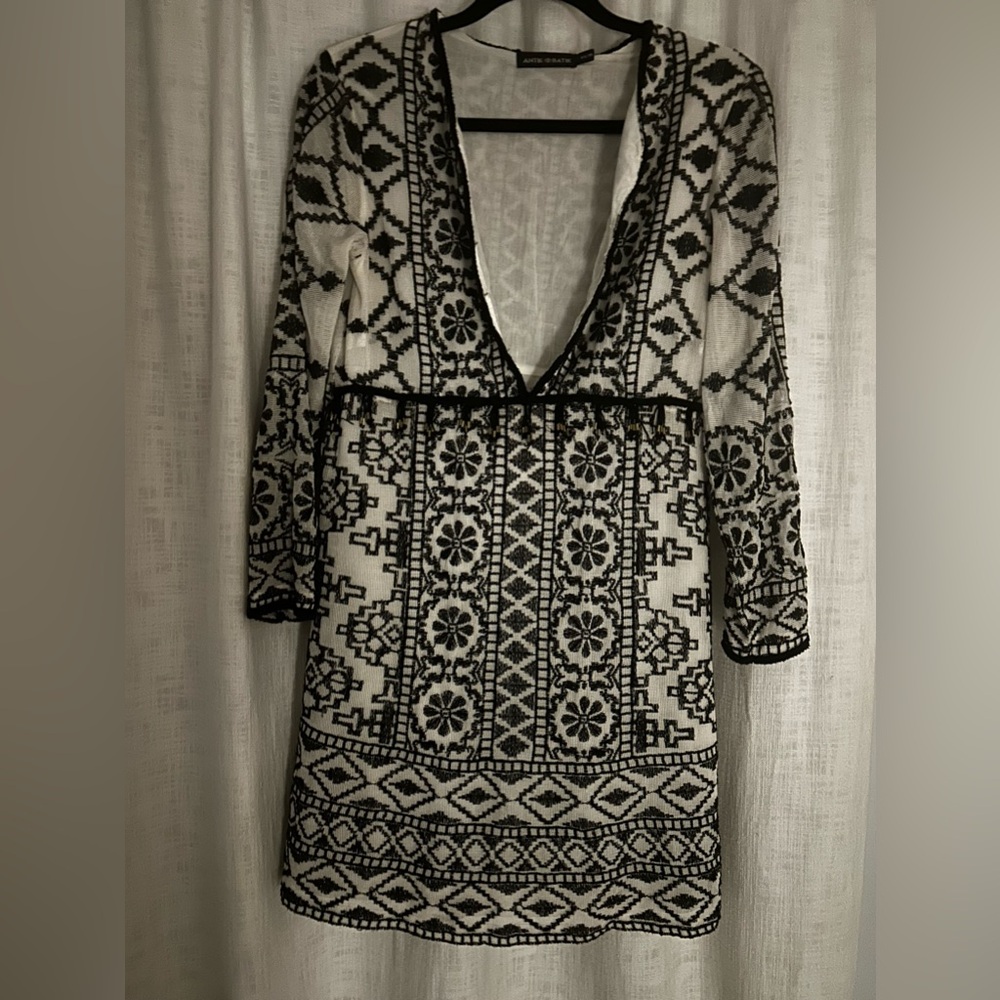 Antik Batik Black & White Long Sleeve Ida Mini Dress XS 36 embroidered boho